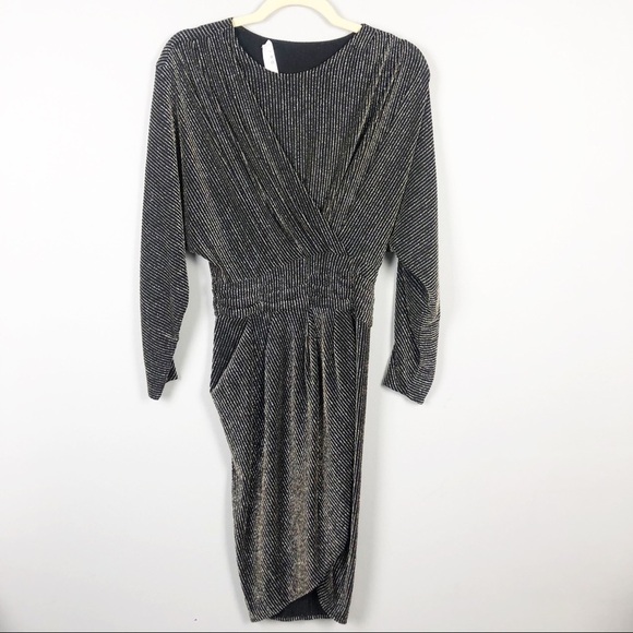 IRO Metallic Wrap Effect Long Sleeve Draped Metallic  Jersey Mini Dress Black - Picture 2 of 5